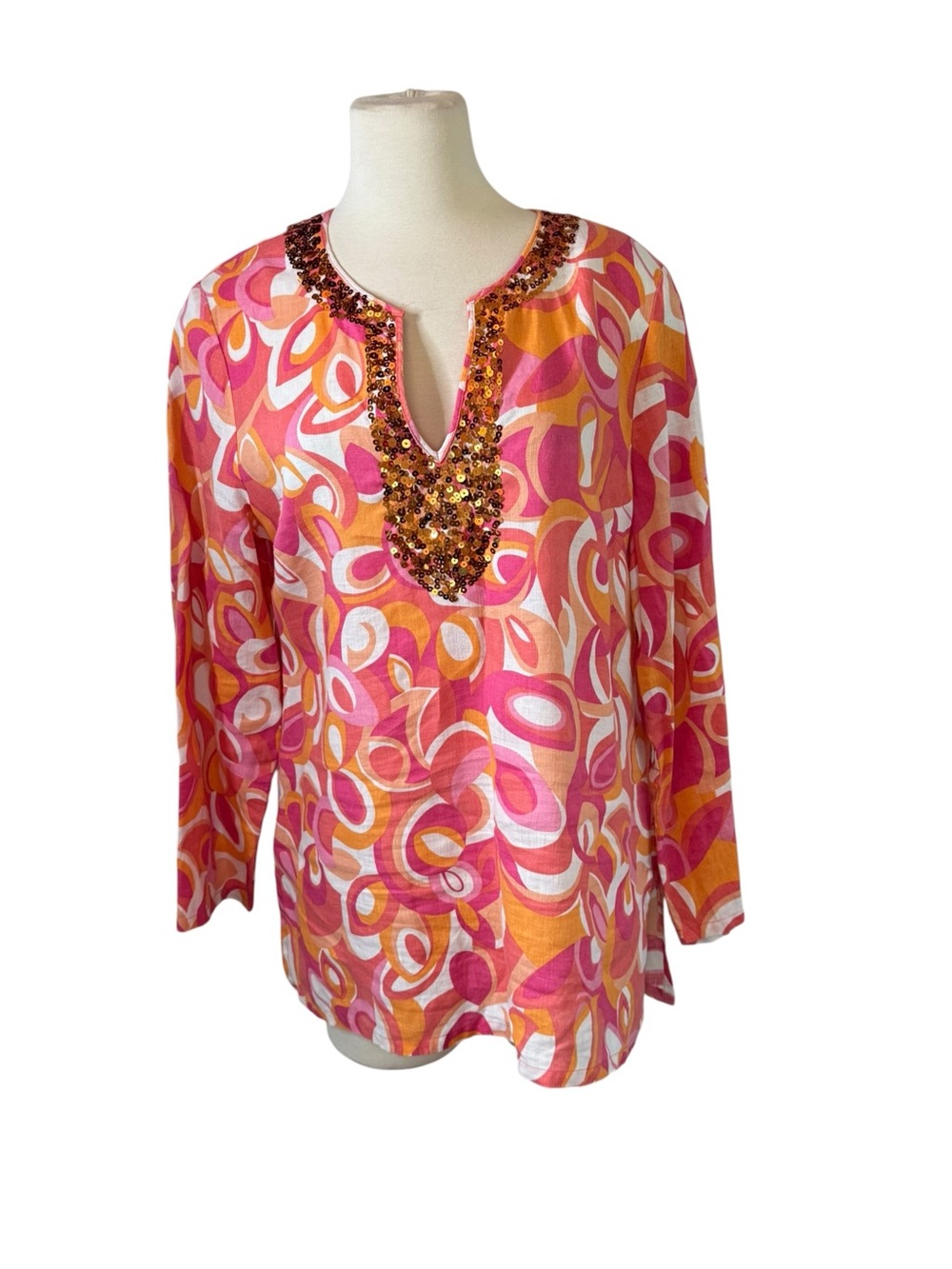 Lucy & Laurel Pink and Orange Sequin-Trim V-Neck Tunic